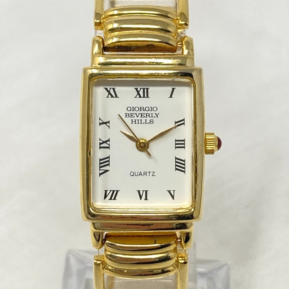 Giorgio Beverly Hills Womens Tank Watch Gold Tone Rectangle New Battery 7.25"